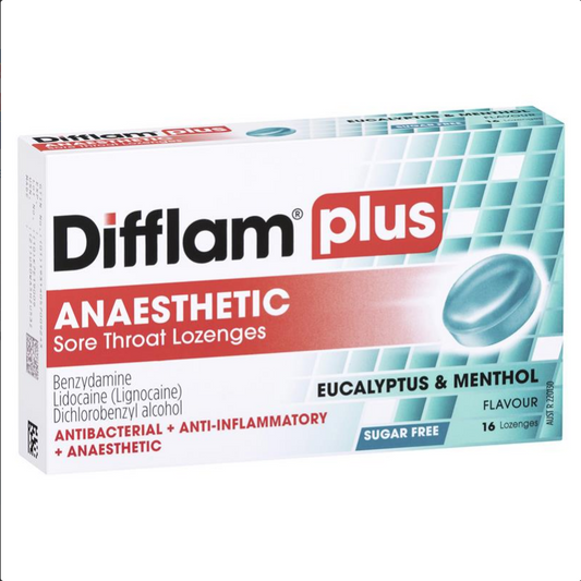 Difflam Plus Anaesthetic Sore Throat Lozenges Eucalyptus & Menthol Flavour 16