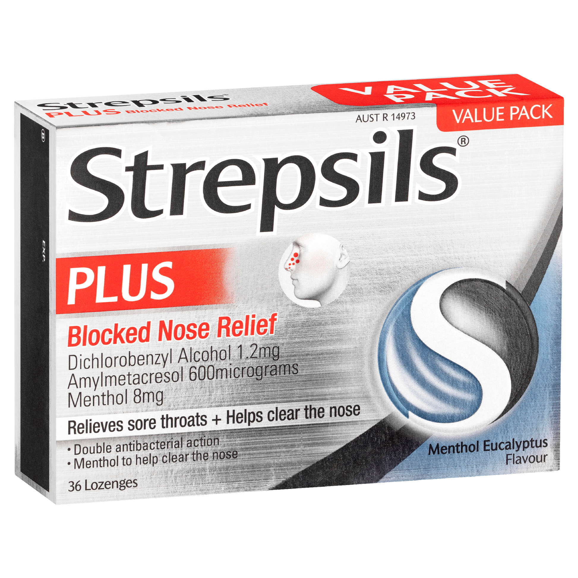 Strepsils Plus Blocked Nose Relief Menthol Eucalyptus 36 Pack - STELLAR PHARMACY