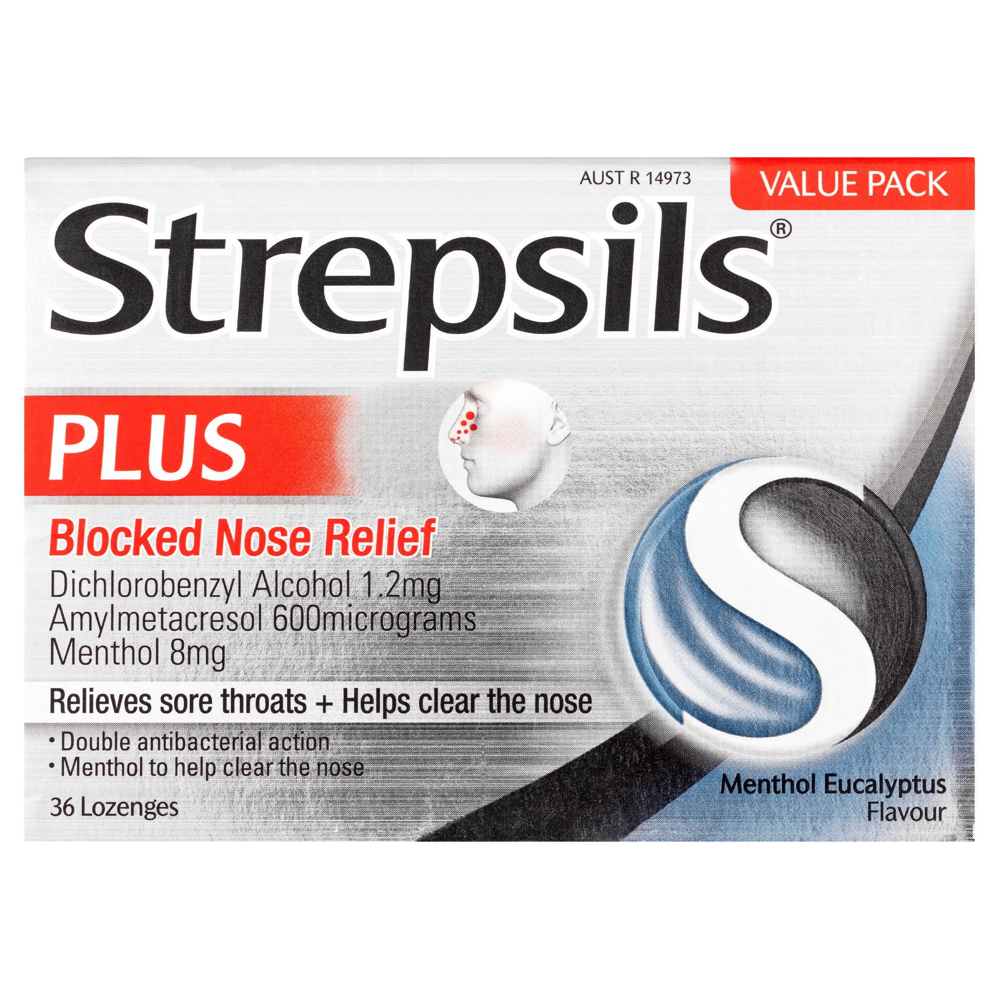 Strepsils Plus Blocked Nose Relief Menthol Eucalyptus 36 Pack - STELLAR PHARMACY