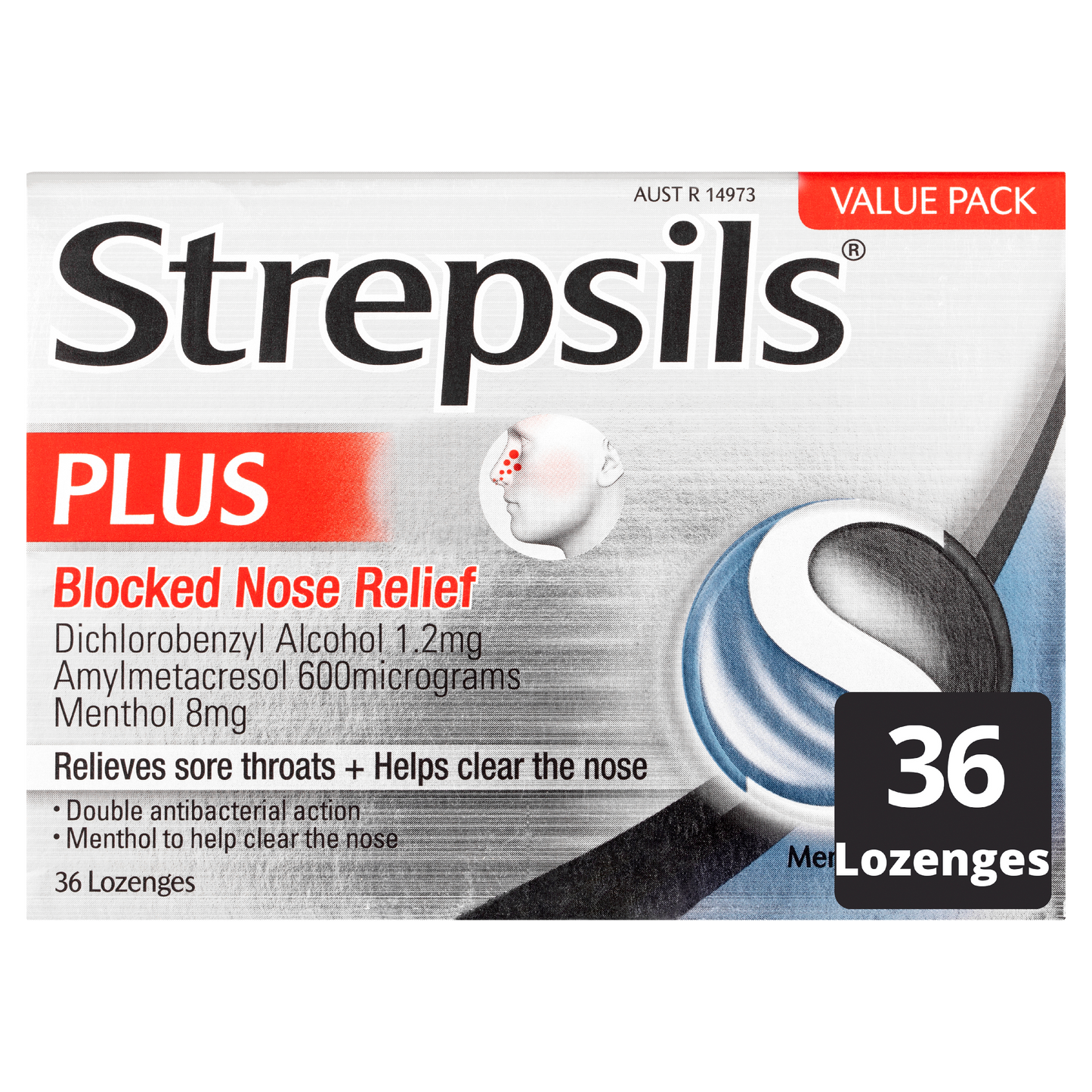 Strepsils Plus Blocked Nose Relief Menthol Eucalyptus 36 Pack - STELLAR PHARMACY