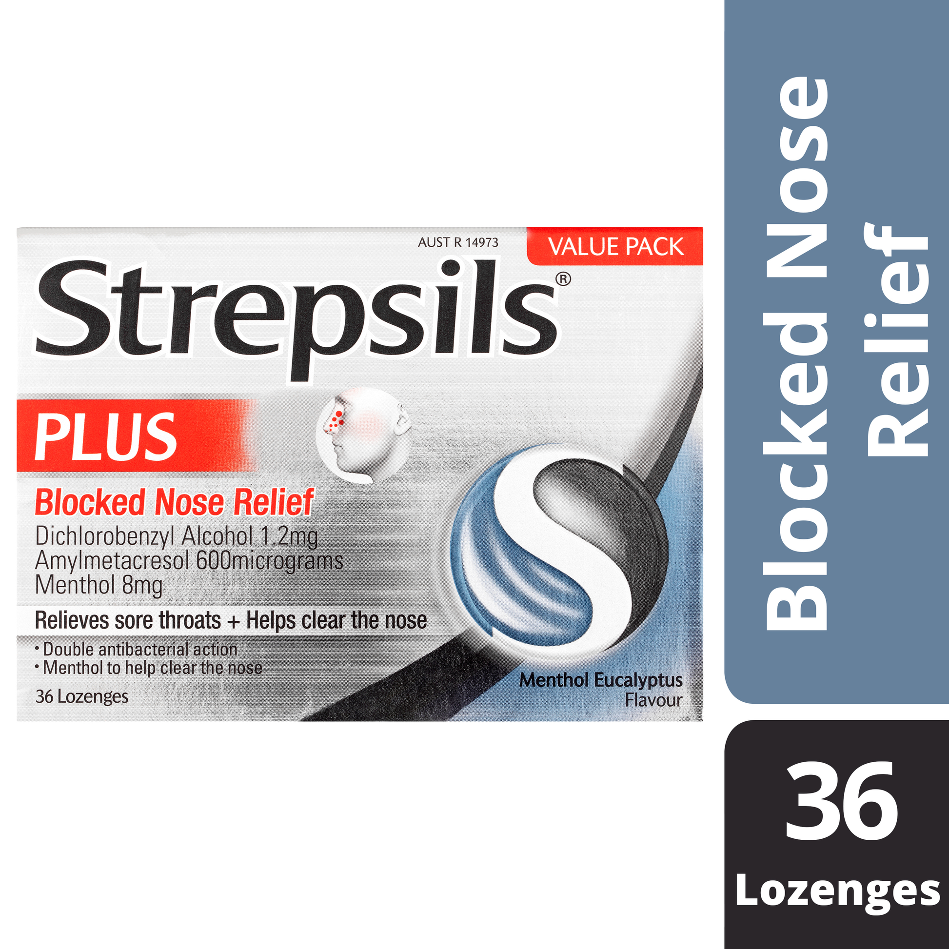 Strepsils Plus Blocked Nose Relief Menthol Eucalyptus 36 Pack - STELLAR PHARMACY