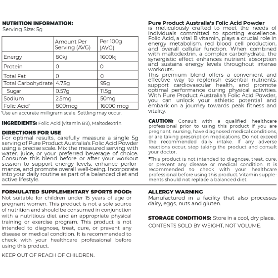 FOLIC ACID (Vitamin B9) Powder - 800mcg