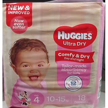 Huggies Ultra Dry For Girls Toddler Size 4, 10-15kg 18 Nappies
