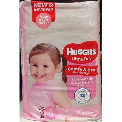 Huggies Ultra Dry For Girls Junior Size 6, 16kg & over 14 Nappies