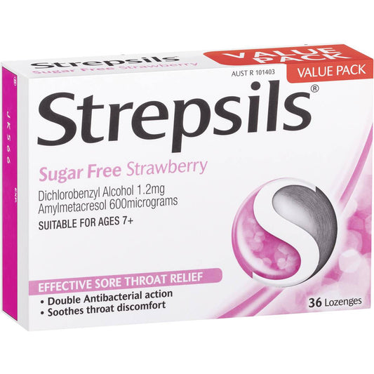 Strepsils Sugar Free Strawberry 36 Lozenges - STELLAR PHARMACY